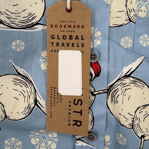VSTR Shirt Mens Medium Blue Skull Snowman Christmas Button Up Short Sleeve NWT - Picture 4 of 12